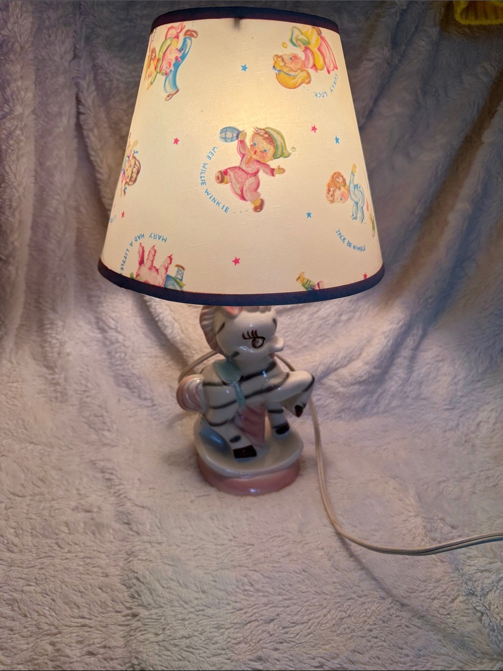 Vintage White and Pink Zebra Table Lamp with Nursery Print Shade